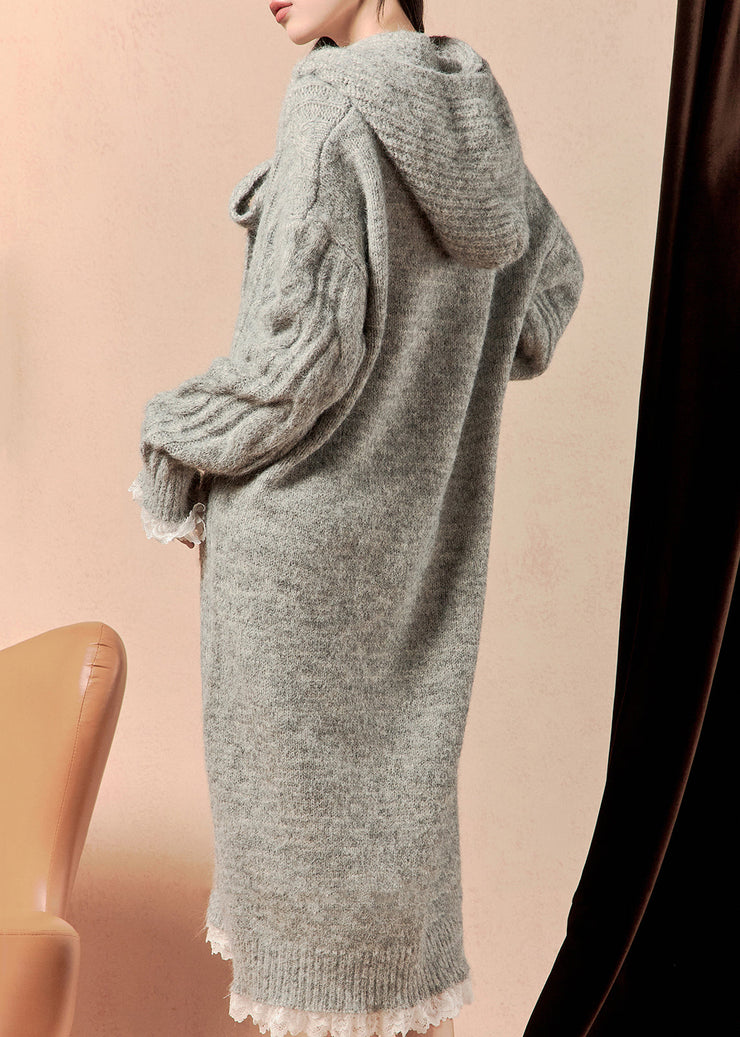 Art Grey Hooded Lace Patchwork Knit Dress Winter