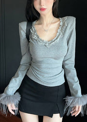 Art Grey O Neck Patchwork Faux Fur Tops Spring