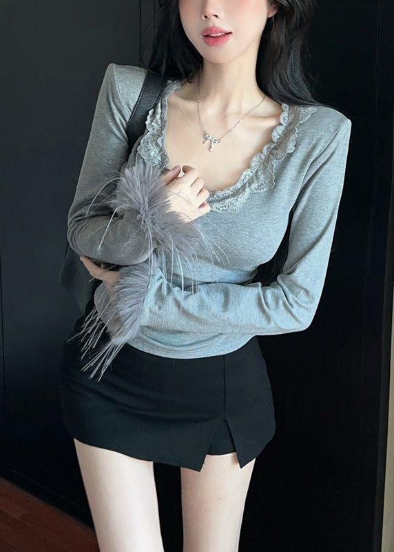 Art Grey O Neck Patchwork Faux Fur Tops Spring