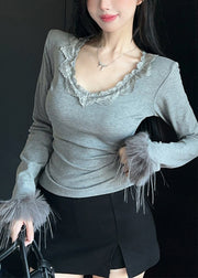 Art Grey O Neck Patchwork Faux Fur Tops Spring