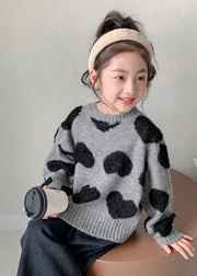 Art Grey O-Neck Thick Cotton Knit Girls Sweater Spring