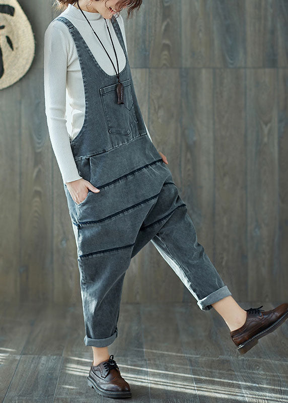 Art Grey Oversized Patchwork Cotton Denim Jumpsuit Spring