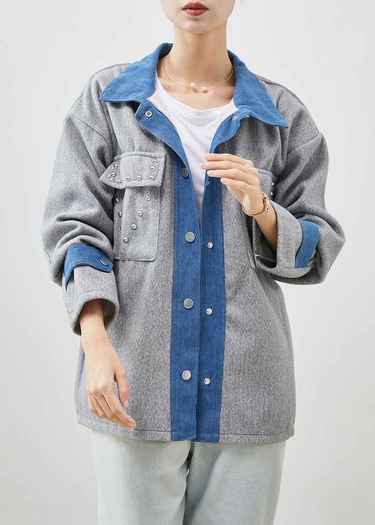 Art Grey Oversized Patchwork Rivet Woolen Jacket Spring