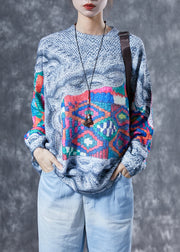 Art Grey Oversized Print Knit Pullover Spring