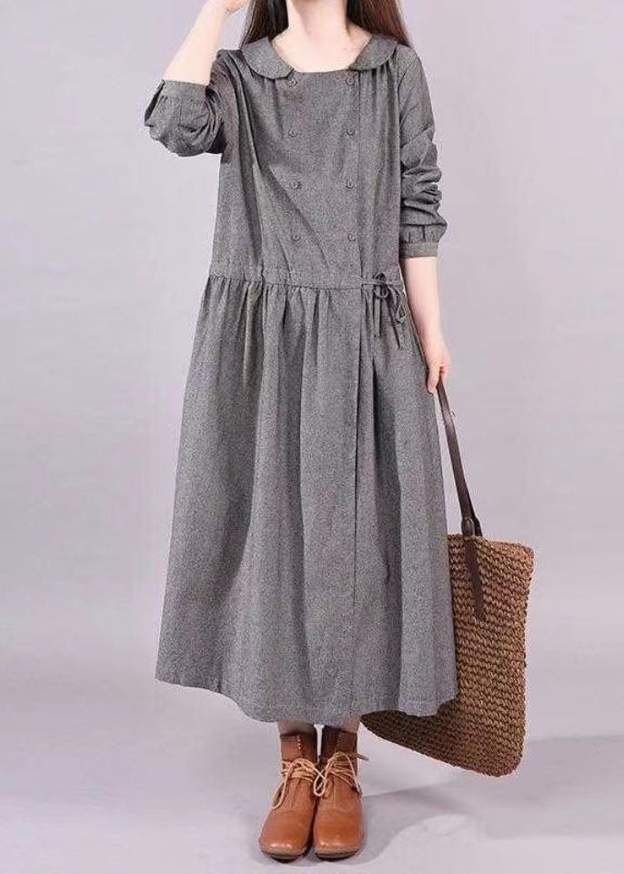 Art Grey Peter Pan Collar Drawstring Patchwork Cotton Dress Fall