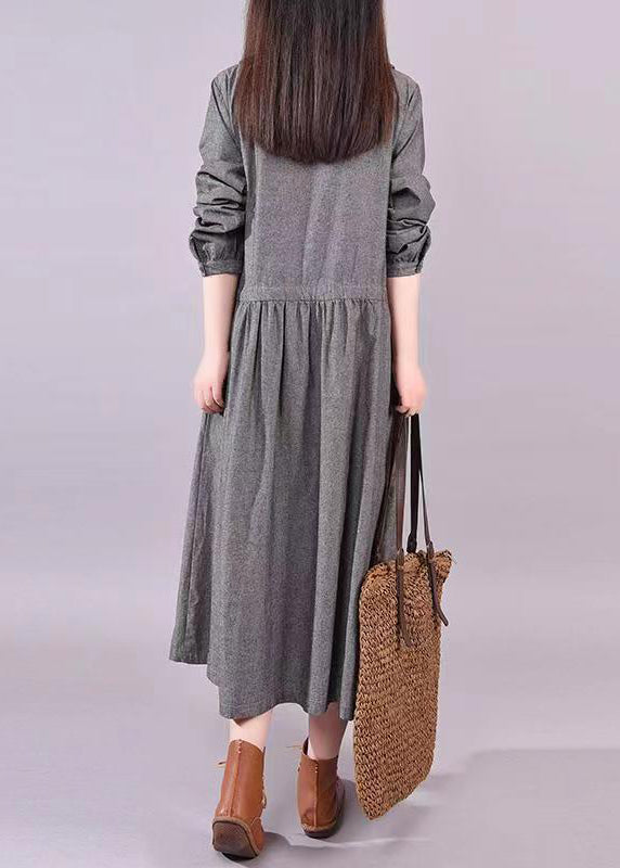 Art Grey Peter Pan Collar Drawstring Patchwork Cotton Dress Fall