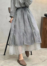 Art Grey Pockets Elastic Waist Cotton Skirt Fall