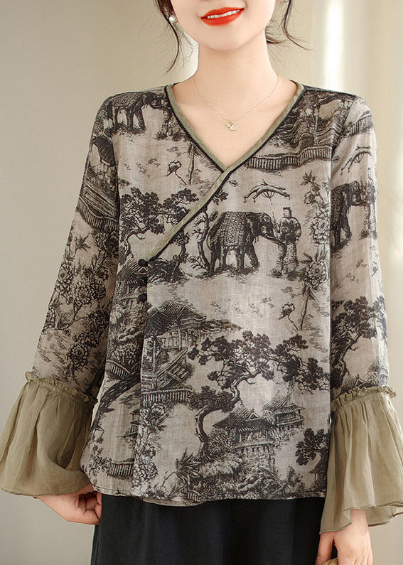 Art Grey Print Patchwork Linen Shirt Tops Flare Sleeve