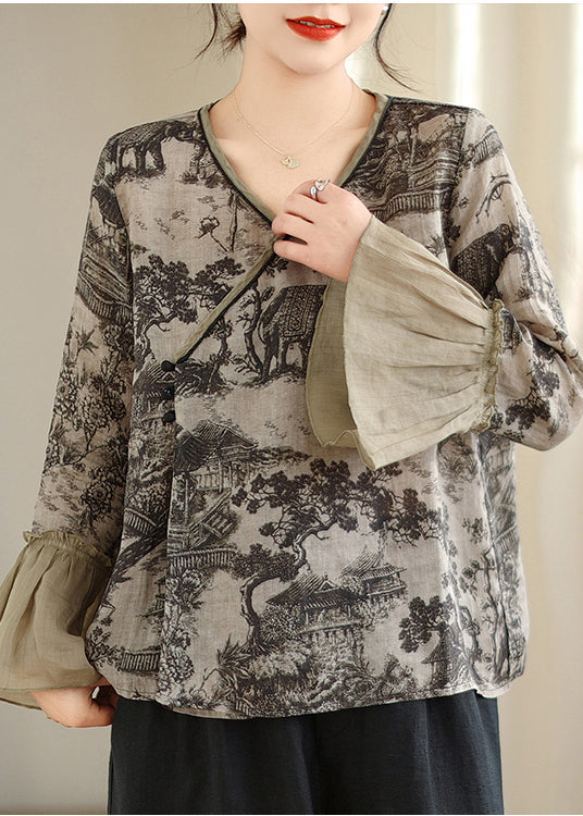 Art Grey Print Patchwork Linen Shirt Tops Flare Sleeve