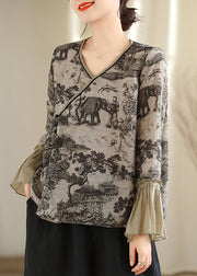 Art Grey Print Patchwork Linen Shirt Tops Flare Sleeve