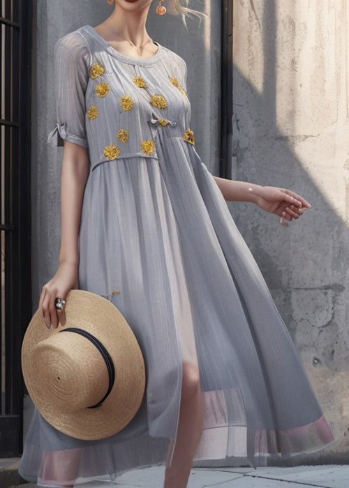 Art Grey Print Solid Silk Long Dresses Summer
