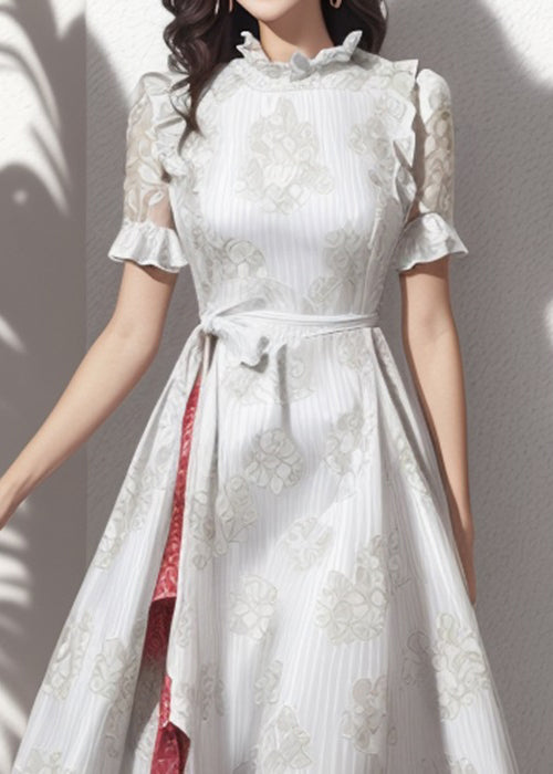 Art Grey Ruffled Patchwork Silk Long Dress Short Sleeve