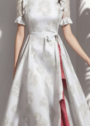 Art Grey Ruffled Patchwork Silk Long Dress Short Sleeve