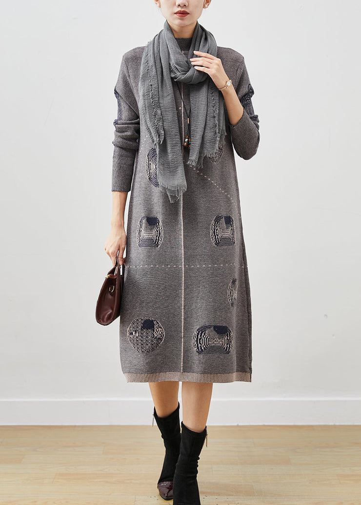 Art Grey Stand Collar Print Knit Sweater Dress Spring