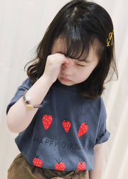 Art Grey Strawberry Print Kids Girls Tops Short Sleeve