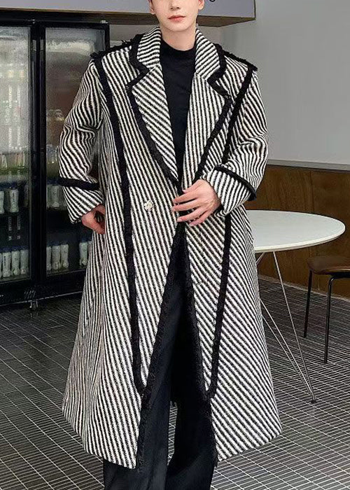 Art Grey Striped Button Woolen Mens Long Coats Winter