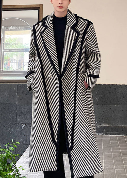 Art Grey Striped Button Woolen Mens Long Coats Winter