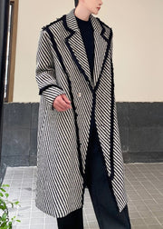 Art Grey Striped Button Woolen Mens Long Coats Winter