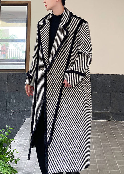 Art Grey Striped Button Woolen Mens Long Coats Winter