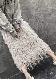 Art Grey Tasseled Hollow Out Knit Skirt Spring