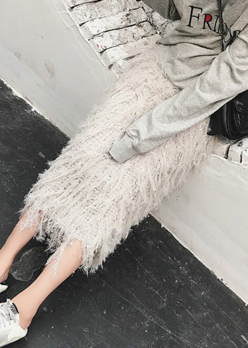 Art Grey Tasseled Hollow Out Knit Skirt Fall