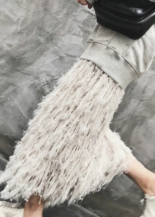 Art Grey Tasseled Hollow Out Knit Skirt Spring