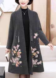 Art Grey V Neck Embroideried Woolen Trench Coats Long Sleeve