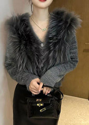 Art Grey V Neck Fur Collar Cotton Knit Sweater Spring