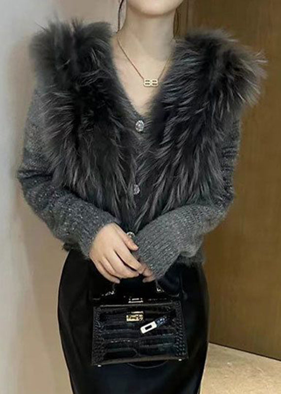 Art Grey V Neck Fur Collar Cotton Knit Sweater Spring