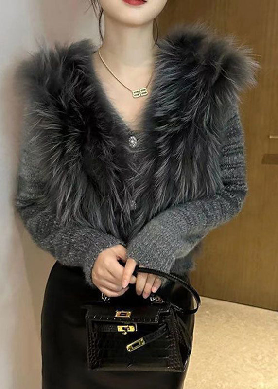 Art Grey V Neck Fur Collar Cotton Knit Sweater Spring