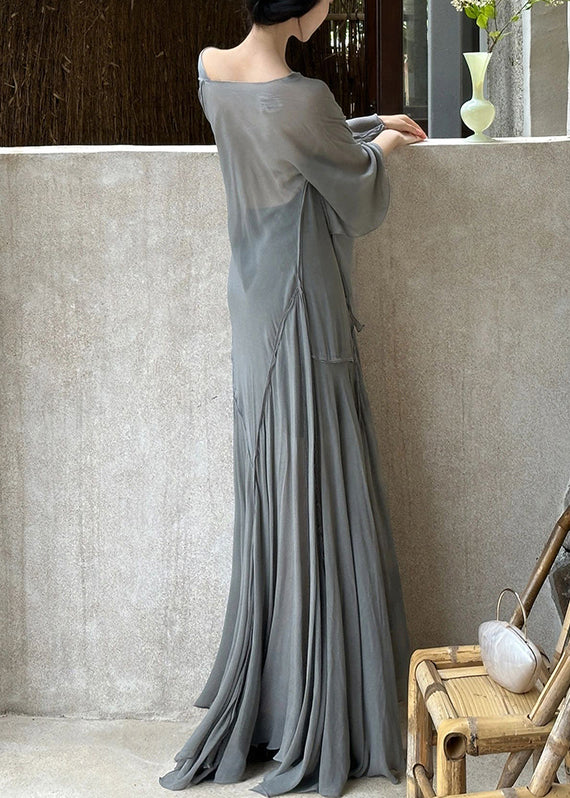 Art Grey V Neck Wrinkled Cotton Maxi Dresses Long Sleeve