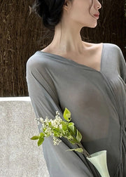 Art Grey V Neck Wrinkled Cotton Maxi Dresses Long Sleeve