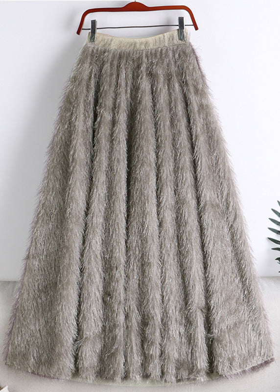 Art Khaki Elastic Waist Tassel Fuzzy Fur Velour Skirt Winter