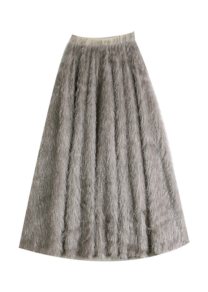 Art Khaki Elastic Waist Tassel Fuzzy Fur Velour Skirt Winter