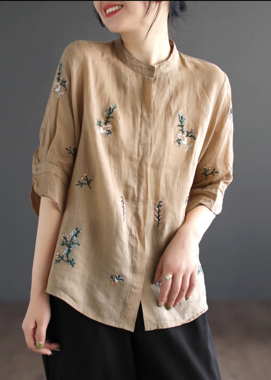 Art Khaki Embroideried Floral Button Ramie Shirt Half Sleeve