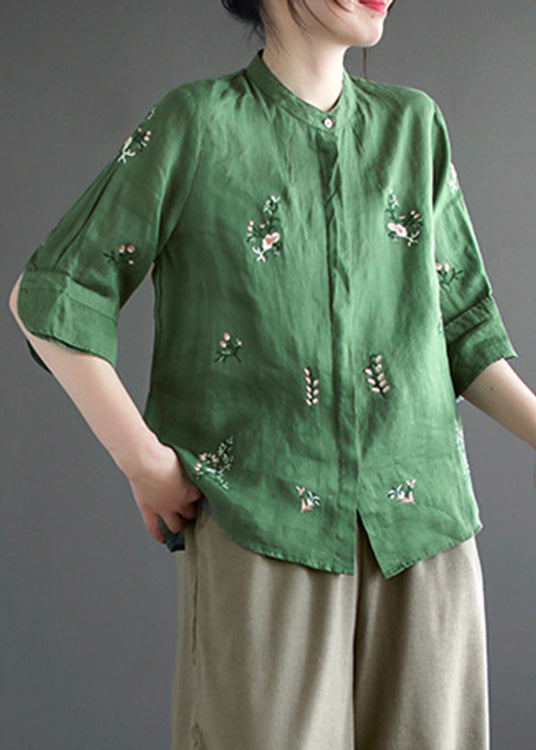 Art Khaki Embroideried Floral Button Ramie Shirt Half Sleeve