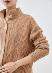 Art Khaki High Neck Button Down Warm Cable Knit Cardigan Fall