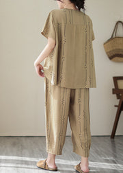 Art Khaki O-Neck Print Top And Lantern Pants Two Pieces Set Summer