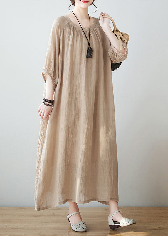 Art Khaki O Neck Wrinkled Pockets Patchwork Linen Dresses Summer