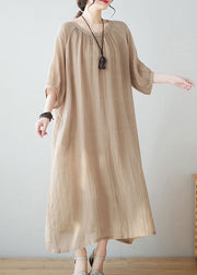 Art Khaki O Neck Wrinkled Pockets Patchwork Linen Dresses Summer