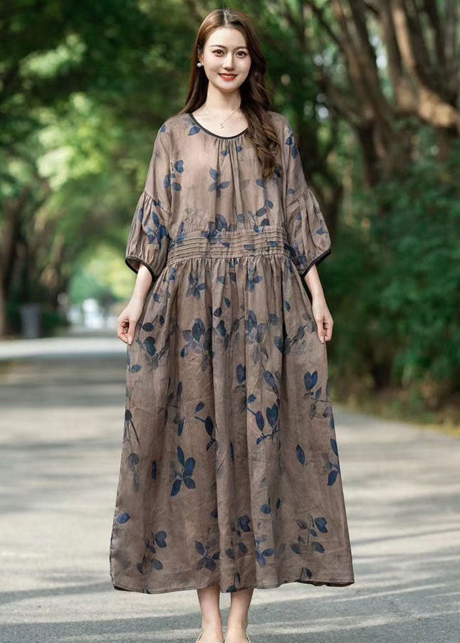 Art Khaki O Neck Wrinkled Print Patchwork Long Linen Dress Summer