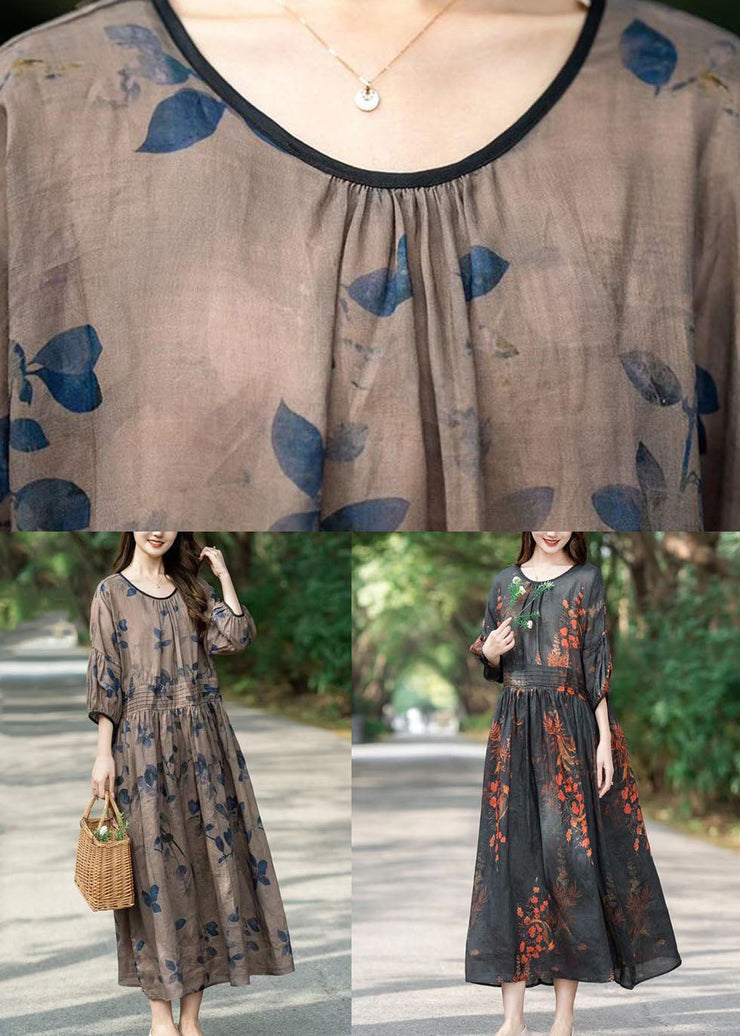 Art Khaki O Neck Wrinkled Print Patchwork Long Linen Dress Summer