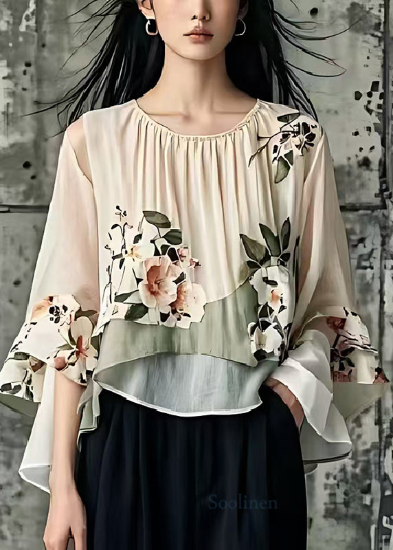 Art Khaki Oversized Floral Cotton Shirt Tops Flare Sleeve