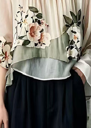 Art Khaki Oversized Floral Cotton Shirt Tops Flare Sleeve