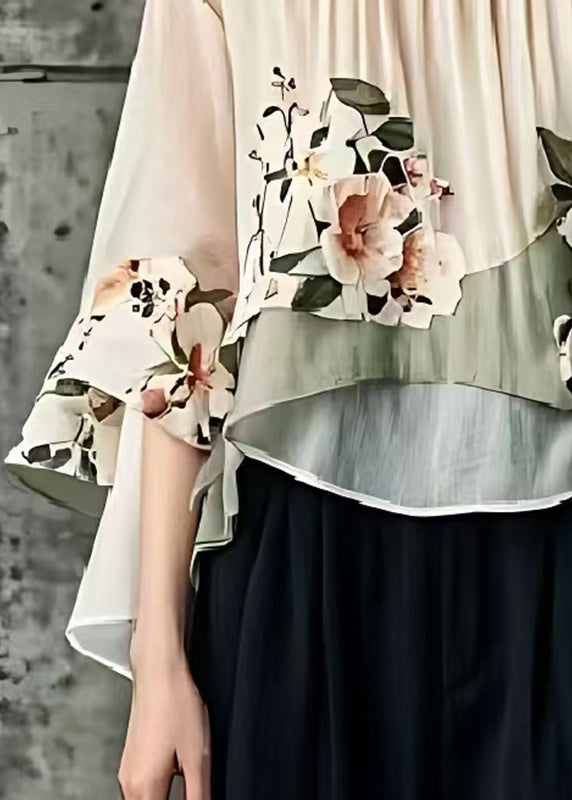 Art Khaki Oversized Floral Cotton Shirt Tops Flare Sleeve