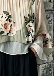 Art Khaki Oversized Floral Cotton Shirt Tops Flare Sleeve