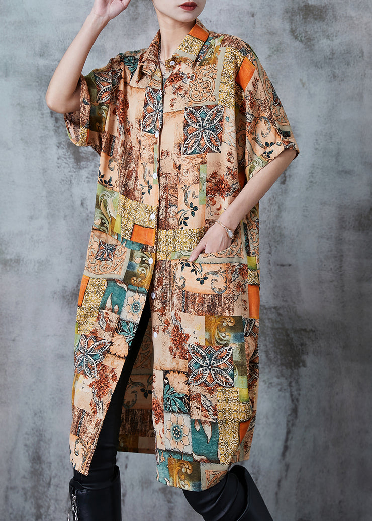 Art Khaki Oversized Print Chiffon Shirt Dress Summer