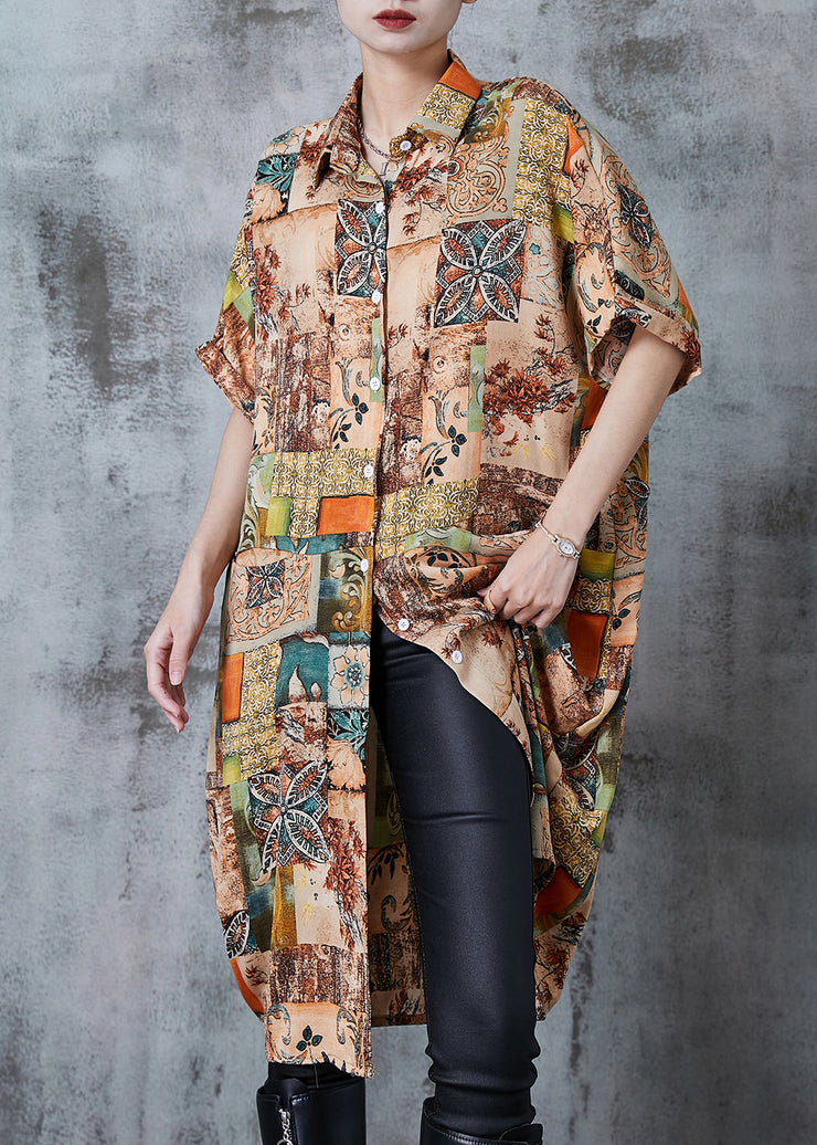 Art Khaki Oversized Print Chiffon Shirt Dress Summer