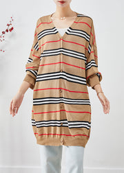 Art Khaki Oversized Striped Knit Cardigans Batwing Sleeve