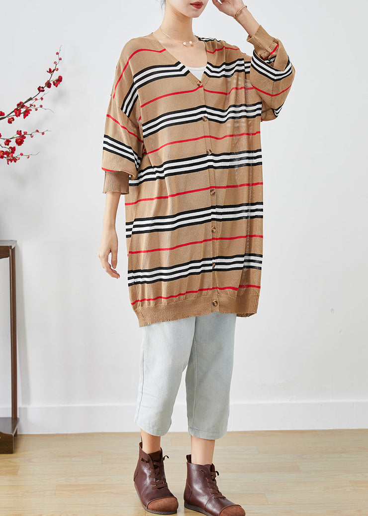 Art Khaki Oversized Striped Knit Cardigans Batwing Sleeve